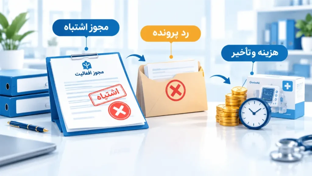 نمایش پیامدهای مجوز اشتباه، رد پرونده و هزینه و تأخیر در فرایند تجهیزات پزشکی
