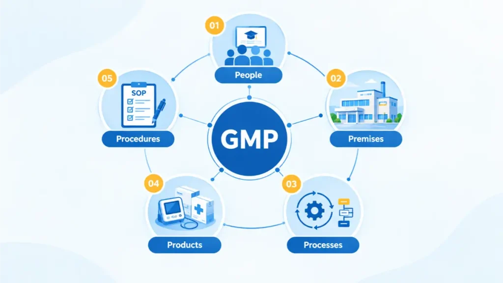 پنج رکن اصلی GMP شامل People، Premises، Processes، Products و Procedures